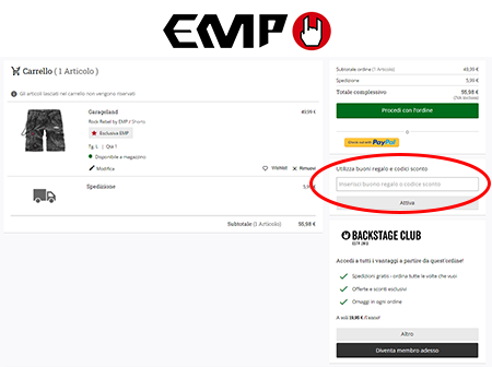 Dove inserire il codice sconto EMP?