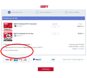 dove inserire il coupon ABBYY