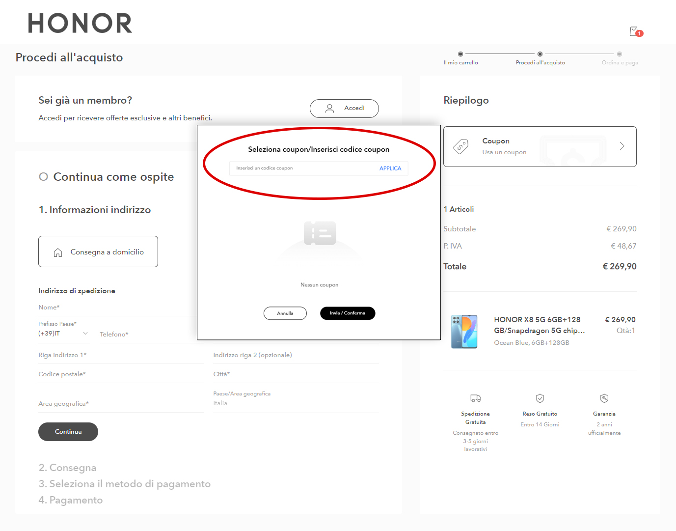 dove inserire il coupon Honor