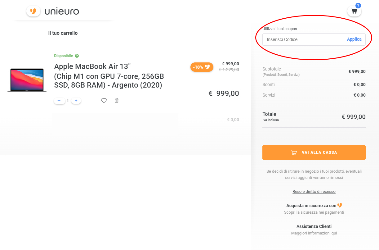 dove inserire il coupon Unieuro