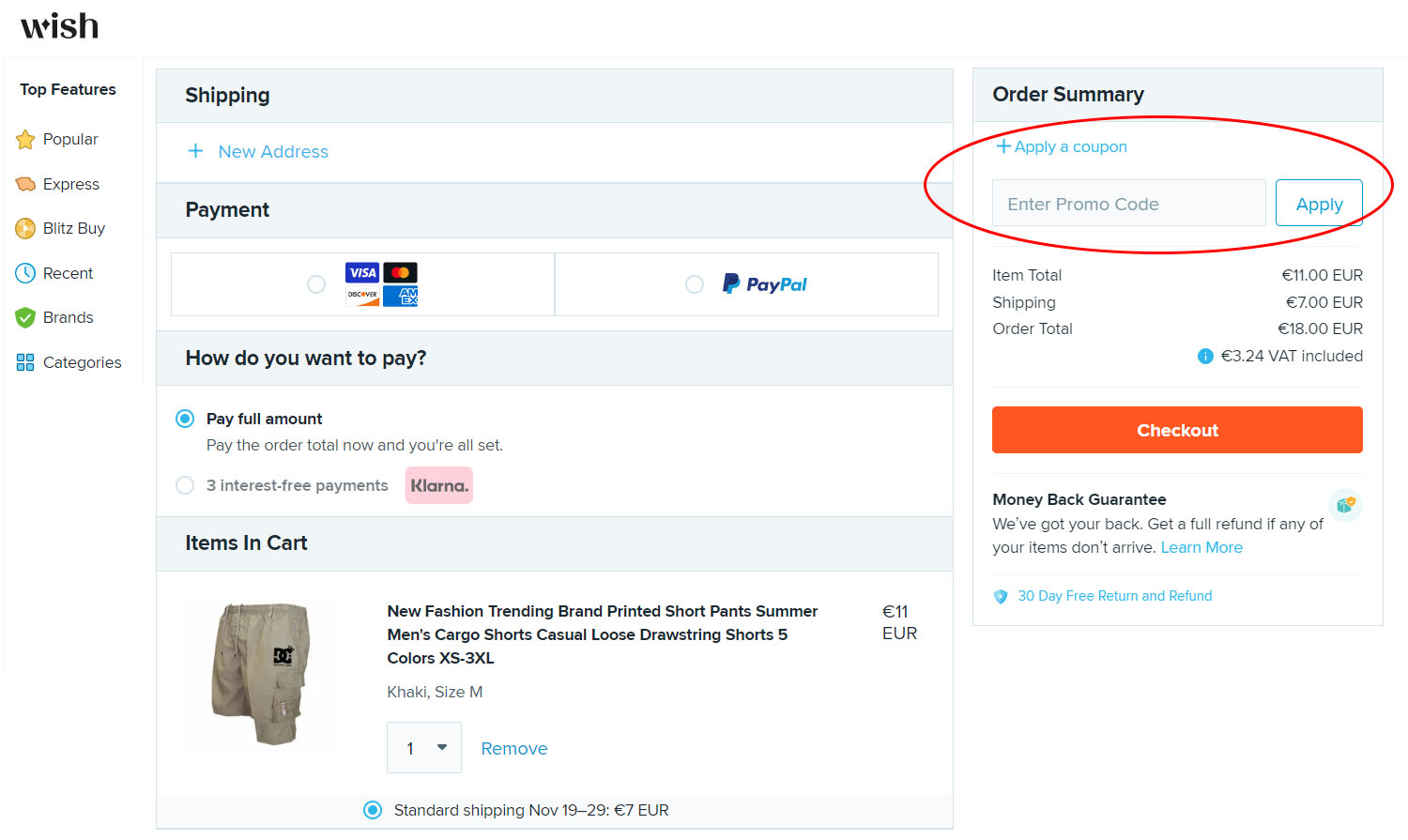 dove inserire il coupon Wish