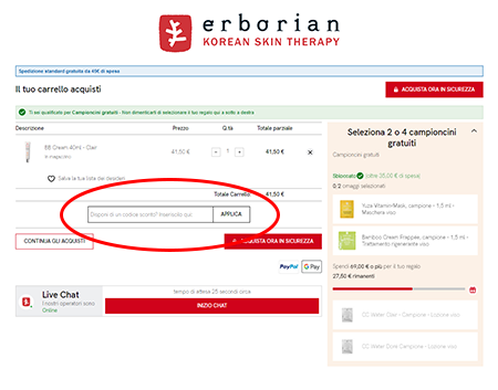 Dove inserire il codice sconto Erborian