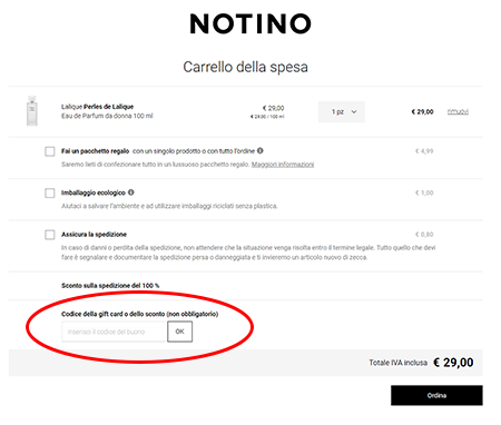 Dove inserire il codice sconto Notino