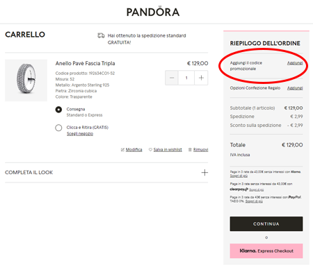 Dove inserire il codice sconto Pandora?