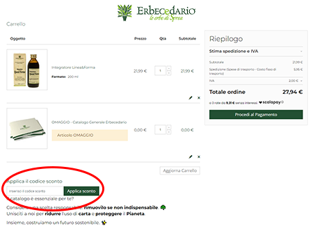 Dove inserire il codice sconto Erbecedario