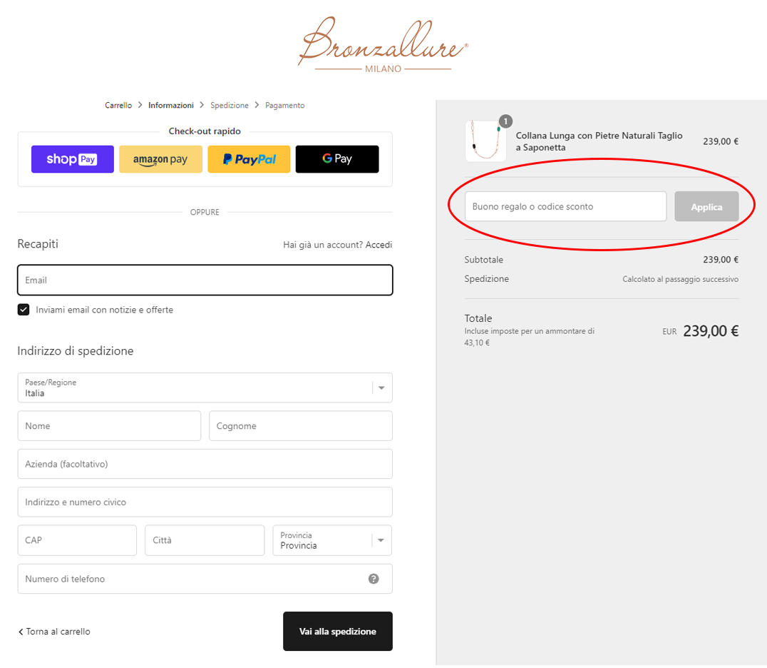 Dove inserire il codice sconto Bronzallure?