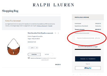 dove inserire il codice sconto Ralph Lauren?