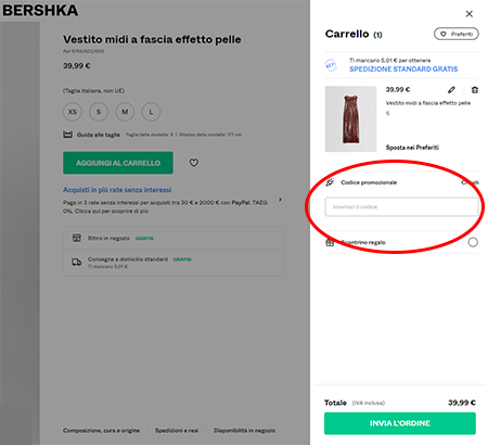 Dove inserire il codice sconto Bershka