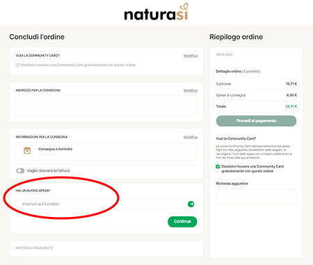 Dove inserire il codice sconto Naturasi