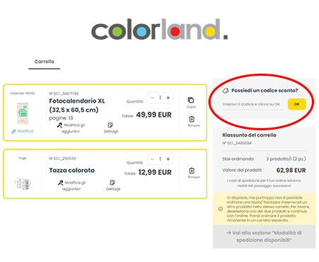 Dove inserire il codice sconto Colorland