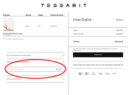 Dove inserire il codice sconto Tessabit