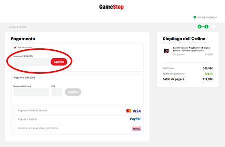 Dove inserire il codice sconto Gamestop