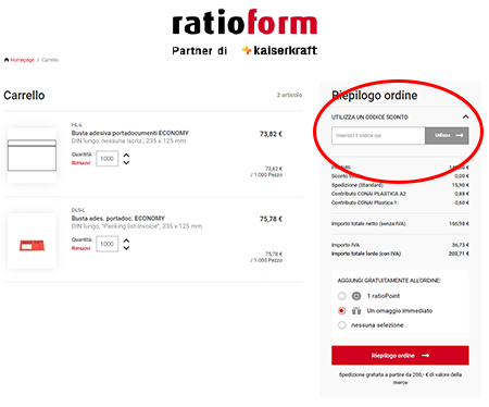 Dove inserire il codice sconto Ratioform