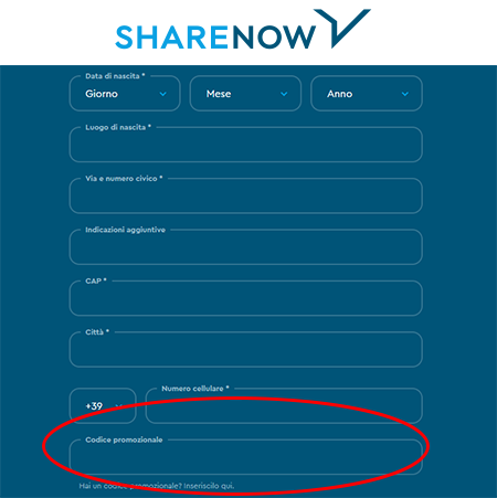 inserire il codice sconto Share Now