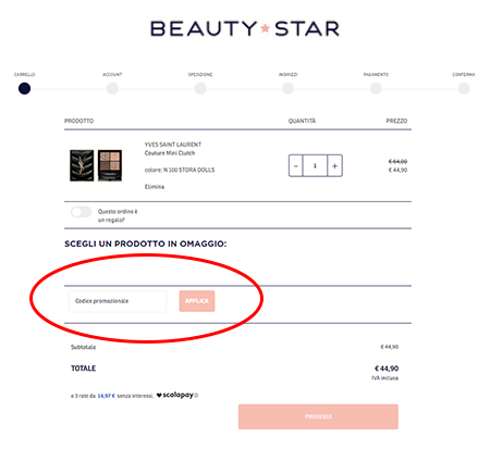 Dove inserire il codice sconto Beauty Star