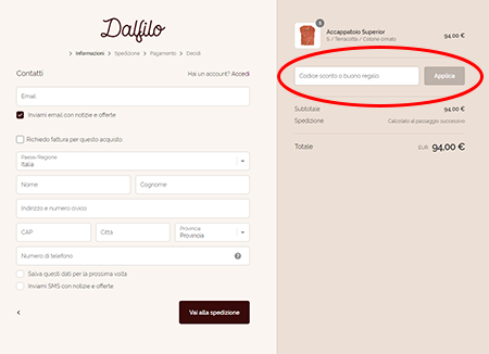 Dove inserire il codice sconto Dalfilo