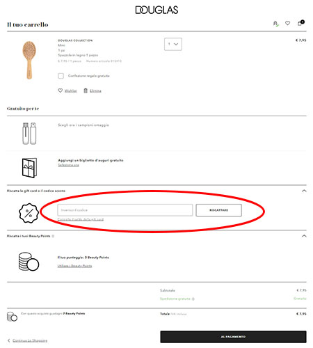 dove inserire il codice sconto Douglas