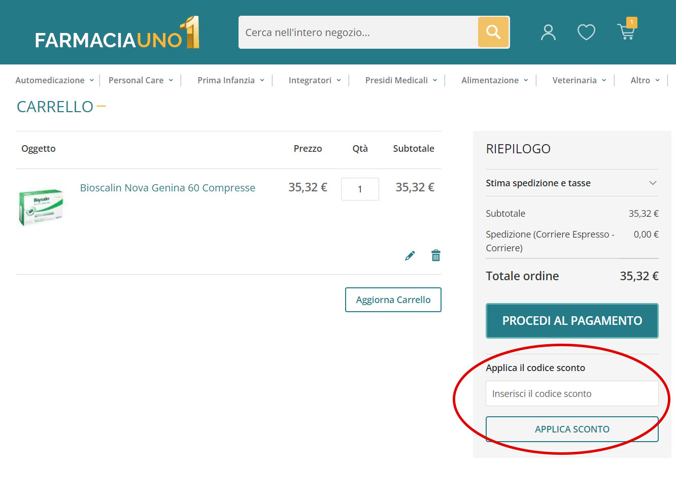 inserire il coupon Farmaciauno