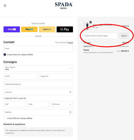 Dove inserire il codice sconto Spada Roma