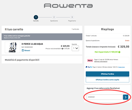 Dove inserire il codice sconto Rowenta
