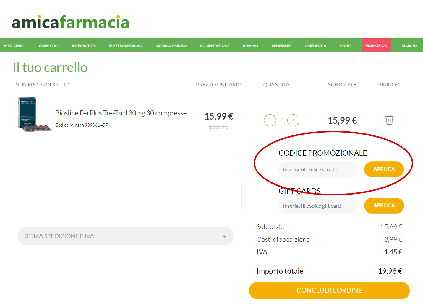 Dove inserire il codice sconto Amicafarmacia