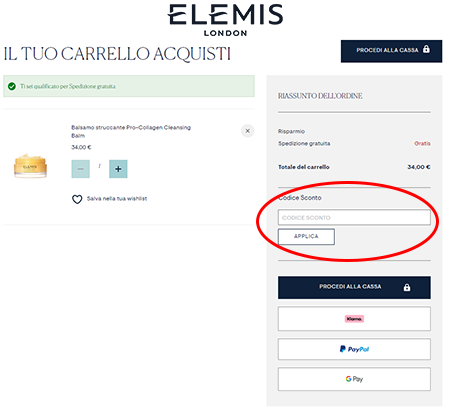 dove inserire il codice sconto Elemis