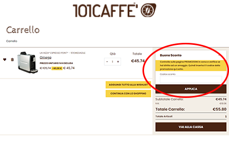 inserire il codice sconto 101 Caffe