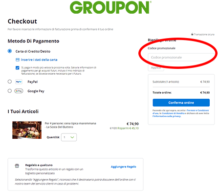 Dove inserire il codice sconto Groupon