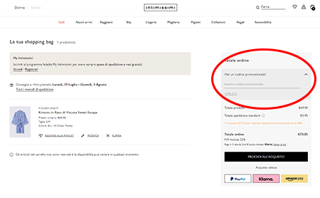 dove inserire il codice sconto intimissimi