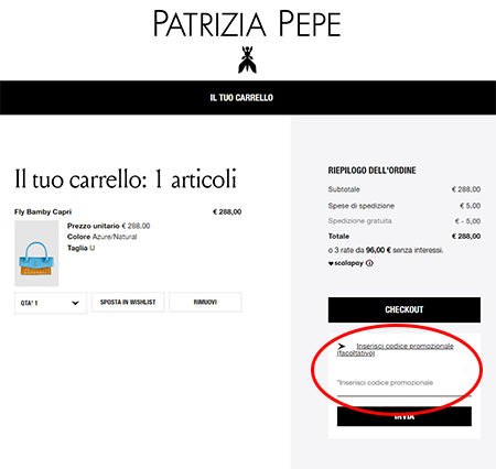 Dove inserire il codice sconto Patrizia Pepe?