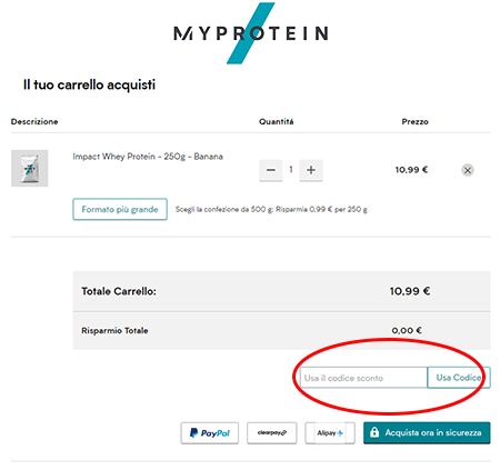 Dove inserire il codice sconto MyProtein?