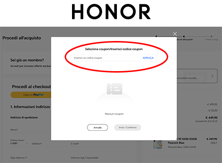 Dove inserire il codice sconto Honor