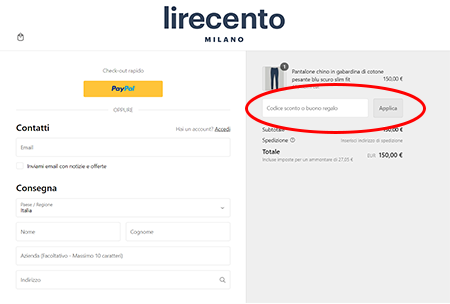 Dove inserire il codice sconto Lirecento