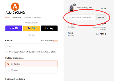 Dove inserire il codice sconto All4cycling