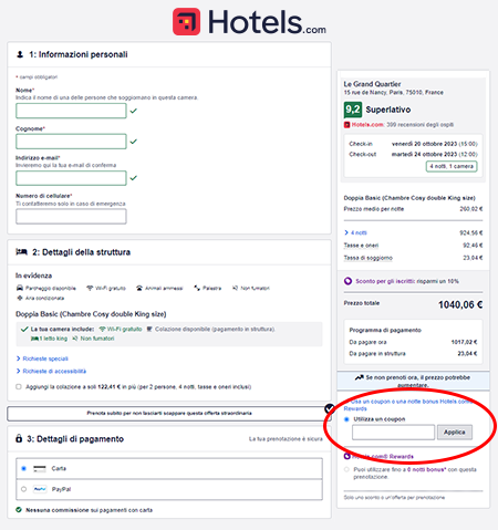 Dove inserire il codice sconto Hotels