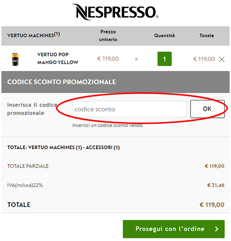 Dove inserire il codice sconto Nespresso