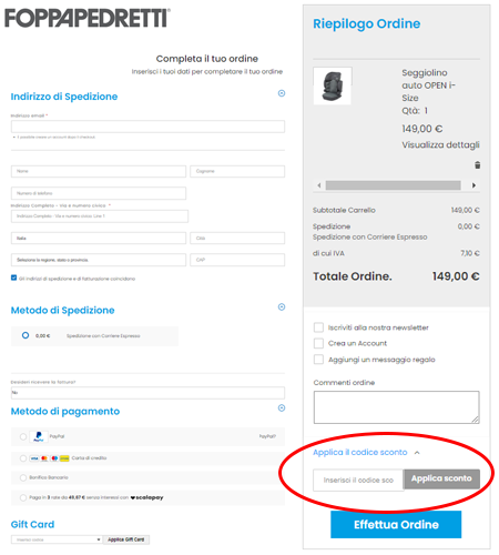 Dove inserire il codice sconto Foppapedretti