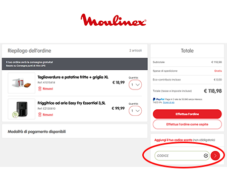 Dove inserire il codice sconto Moulinex