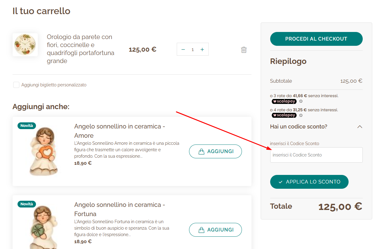 dove insere il codice sconto THUN