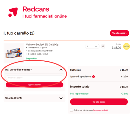 dove inserire un codice sconto Redcare