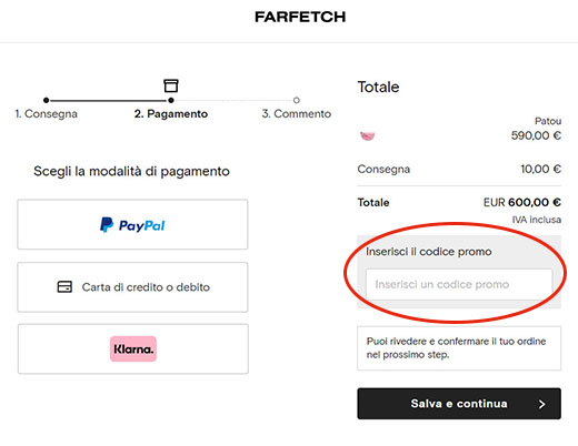 codice promozionale Farfetch Dove inserire il codice sconto Farfetch