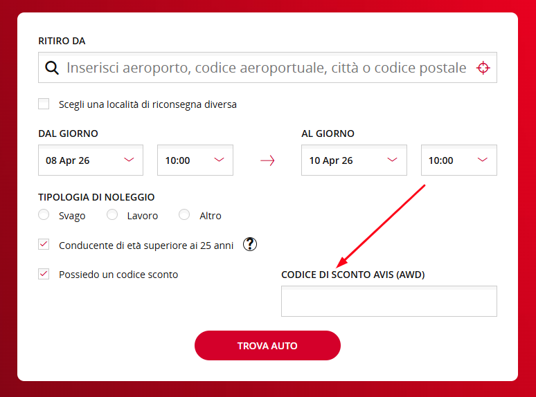 Codice sconto Avis dove inserire il codice sconto Avis AWD