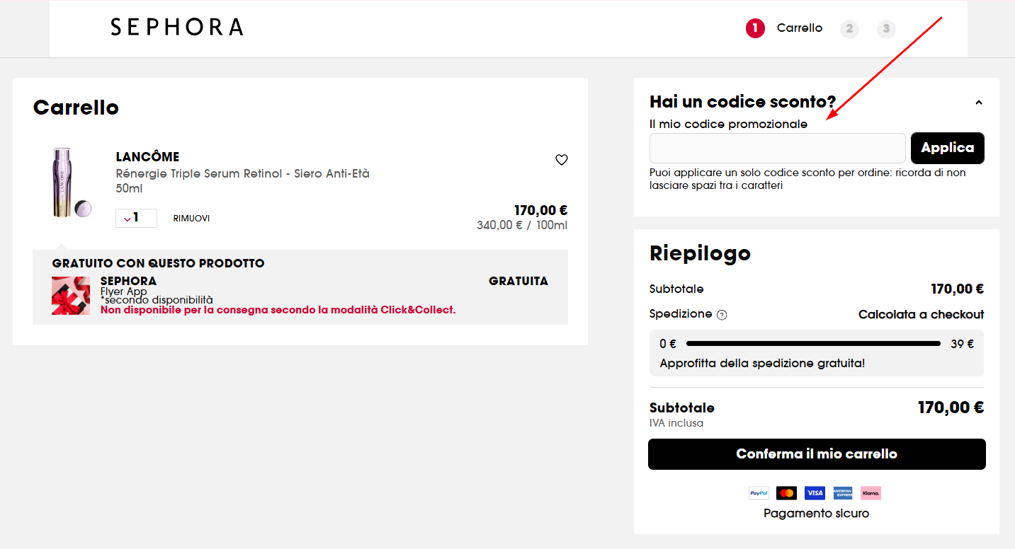codice promo Sephora dove inserire il codice sconto Sephora