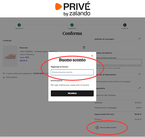 codice sconto Zalando Privé dove inserire il codice sconto su Zalando Privé