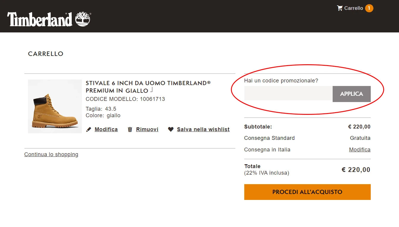 codice promozionale Timbs dove inserire il codice sconto Timberland