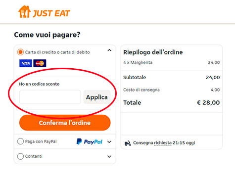 Dove inserire il codice sconto Just Eat