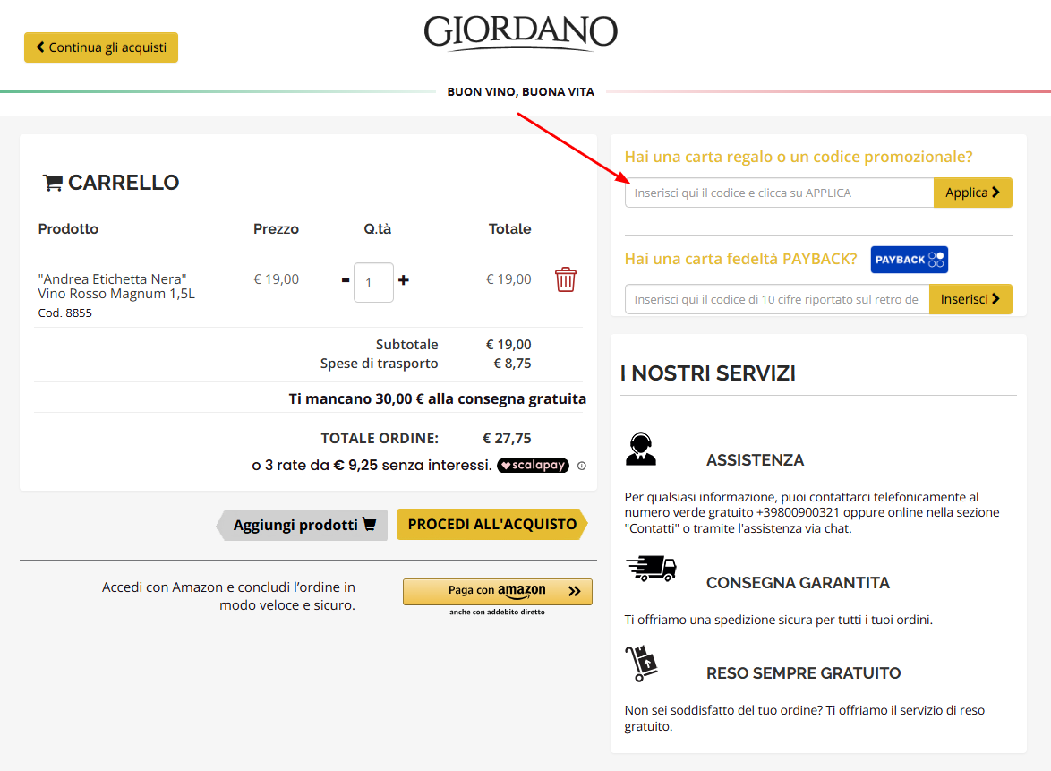 Dove inserire il codice sconto Giordano Vini