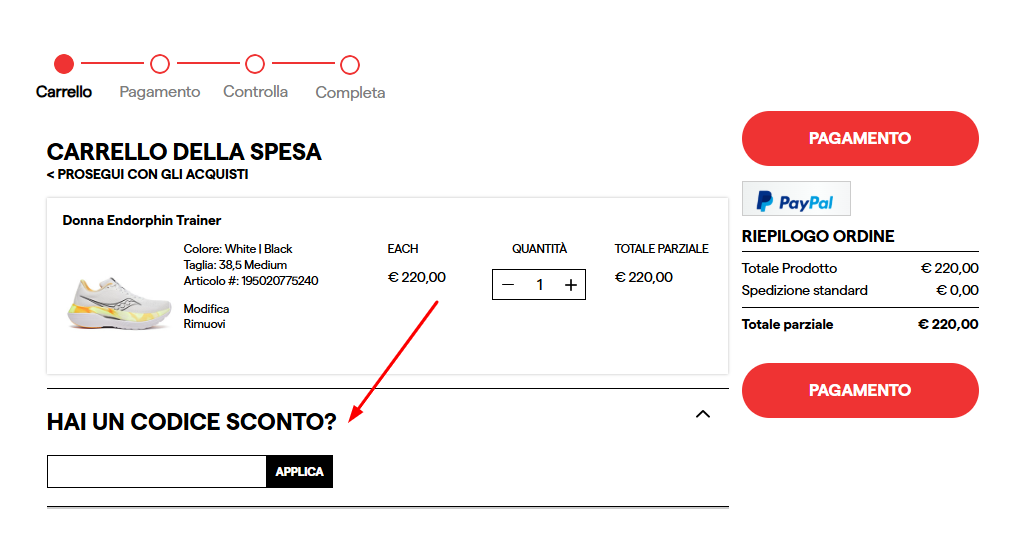 Dove inserire il codice sconto Saucony