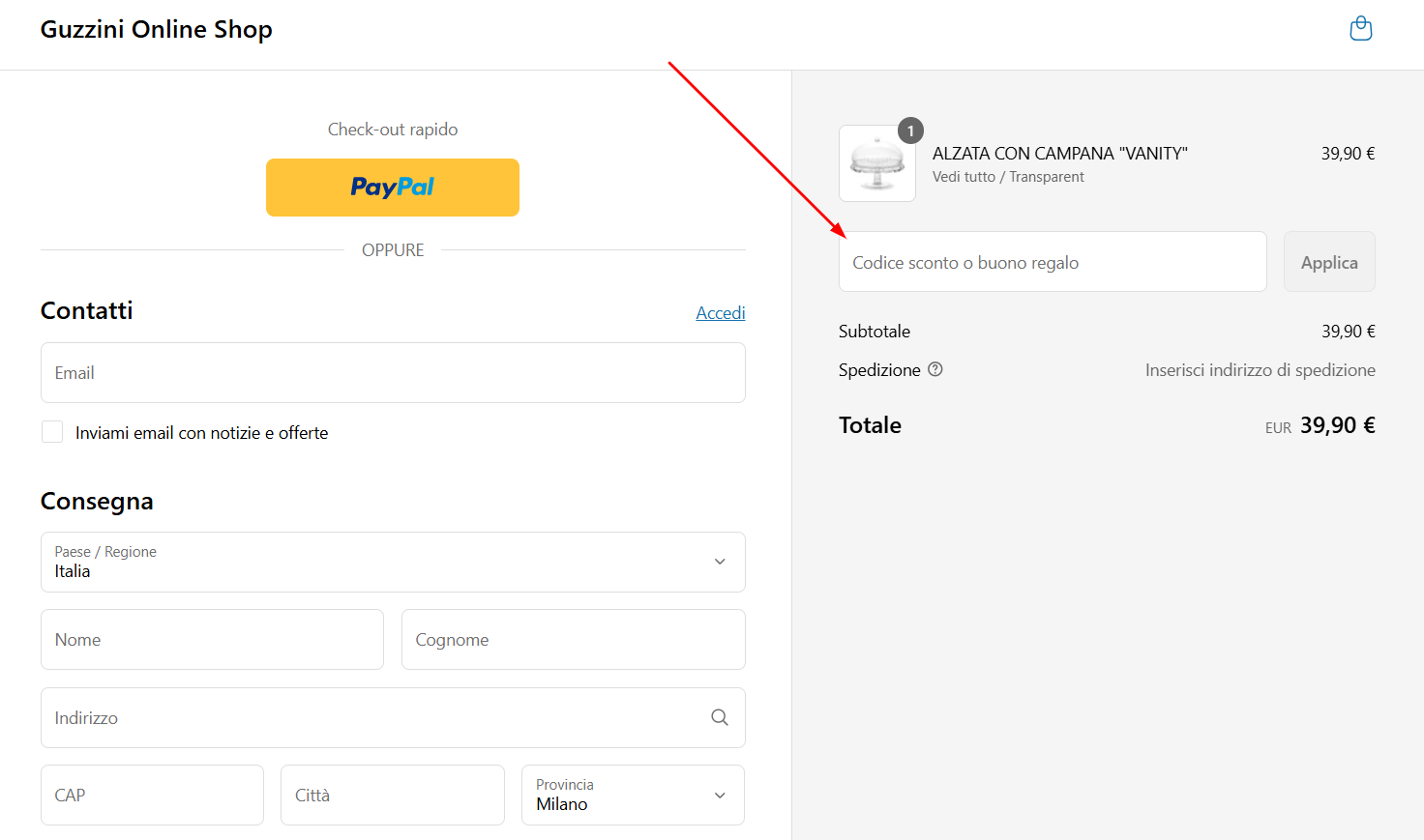Dove inserire il codice sconto Guzzini