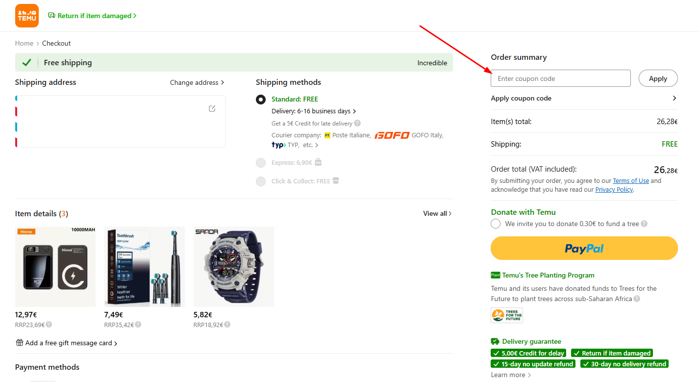 dove inserire il codice sconto Temu